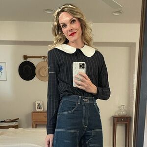 Sezane x MDLO Gema Navy Plaid Shirt with White Collar